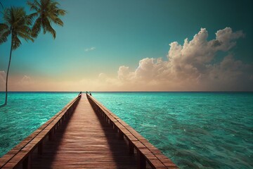 Obraz na płótnie Canvas Long wooden walkway across sea to island with bungalows on Maldives tropical island. Generative AI