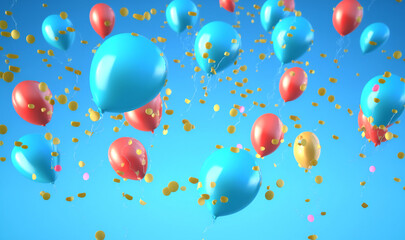 Fototapeta premium Birthday balloons flying on blue background, confetti, birthday elements