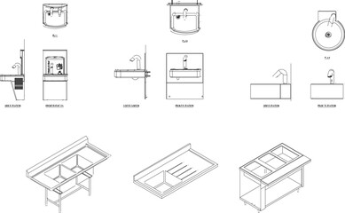 Vector sketch illustration of a sink from various sides