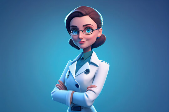 3d cartoon character cute smiling portrait of a doctor woman on blue background, image ai midjourney generated