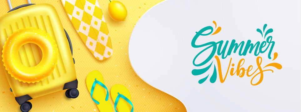 Summer vibes vector design. Summer vibes text in empty space with beach vacation element in background. Vector illustration summer template.
