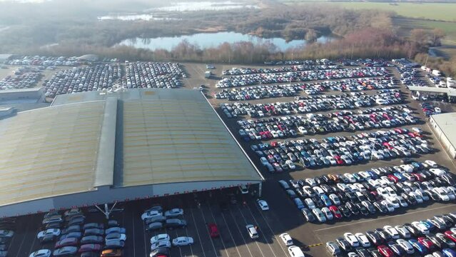 Aerial Footage of Huge Car Parking at Kempston Bedford Town of England UK. The Footage  Was Captured on 06-Feb-2023 with Drone's Camera