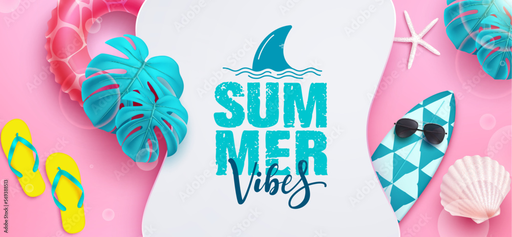 Poster summer vibes vector deign. summer vibes text in white empty space with surfboard and floater element