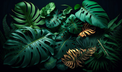 Naklejka na ściany i meble A vibrant nature-inspired background of overlapping tropical leaves, rich with texture and hues of green, perfect for any desktop display
