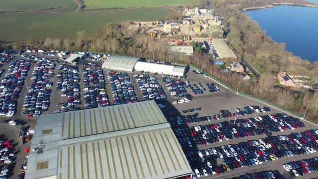 Aerial Footage of Huge Car Parking at Kempston Bedford Town of England UK. The Footage  Was Captured on 06-Feb-2023 with Drone's Camera