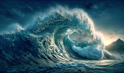 A breathtaking view of a massive sea wave, showcasing the complex texture and movement of the ocean in exquisite detail