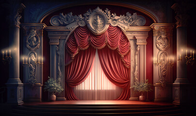 A magical theater stage, draped in regal red curtains, and illuminated by a brilliant spotlight, setting the scene for a captivating performance