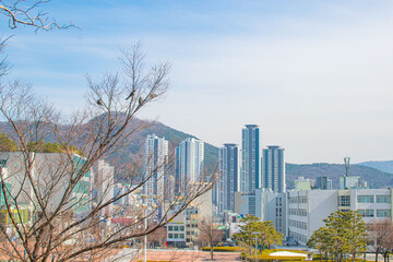 Looking Up Blue Modern Office Building