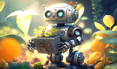 cute robot Gardener Tending to Nature's Beauty