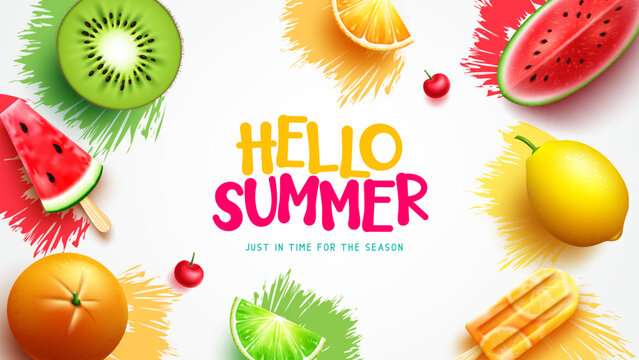 Hello summer vector design. Hello summer text with watermelon, orange, kiwi and lime slice fruits element. Vector illustration summer fruit background.
