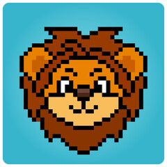 Pixel 8 bit lion head. Animal portrait for game assets in vector illustration.