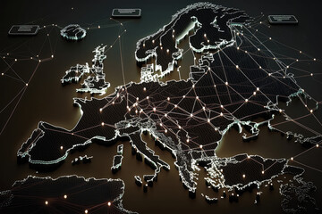 europe network map with connected server nodes and a dark theme background - Generative AI