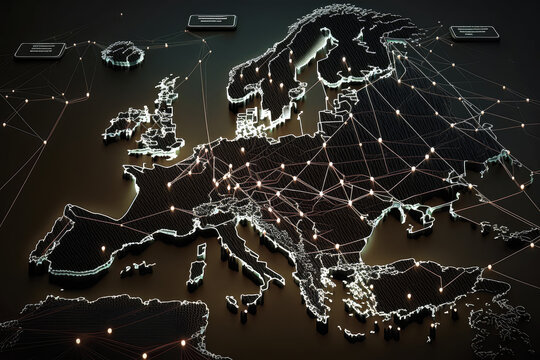 Fototapeta europe network map with connected server nodes and a dark theme background - Generative AI