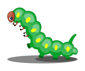 Cute green caterpillar cartoon character on white background.