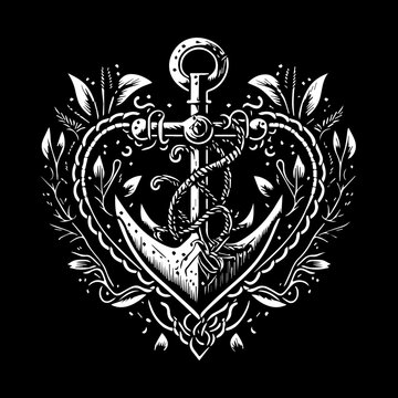 Ornate Vector Heart and Anchor Tattoo Design, White Design Isolated on Black Background