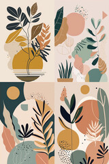 Set of 4 minimal bohemian floral images, flat vector style illustrations made with Generative AI
