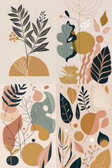 Set of 4 minimal bohemian floral images, flat vector style illustrations made with Generative AI
