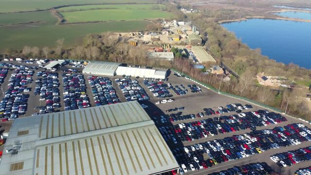 Aerial Footage of Huge Car Parking at Kempston Bedford Town of England UK. The Footage  Was Captured on 06-Feb-2023 with Drone's Camera