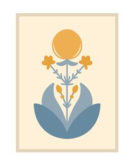 Folk art vintage flowers scandinavian symmetric illustration, rustic design, cover illustration, trendy colours 