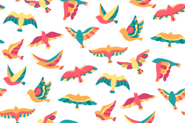Flock of birds flying in sky seamless pattern. Flying bird dove abstract graphic ornament colorful cartoon texture. Flat colored modern trendy fowl sparrow, dove pigeon boundless wallpaper decoration