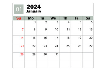 January 2024 calendar. Diary calendar. Daily planner. Vector illustration.