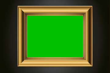 a simple golden frame on a dark background wall. Generative AI