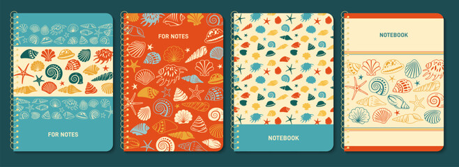 Sea shell sink trendy notepad cover set. Notebook with nautical snail starfish, seashell. Ocean underwater design for planner, brochure, book, catalog. Decorative layout page print template poster