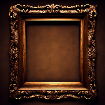 an antique golden image frame at a brown wall. Generative AI