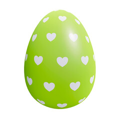 Painted easter egg of green color with white hearts ornament isolated on white background colorful 3d render illustration. Clip art design element. Pastel colors. Easter egg hunt template.