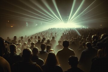 Fototapeta na wymiar Join the Excitement: Crowds Enjoy Laser Light Show Concert - Generative AI