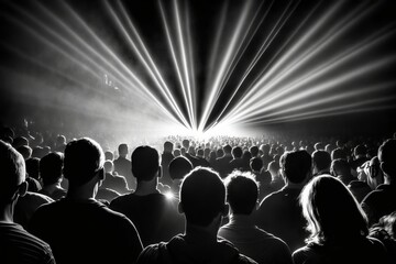 Fototapeta na wymiar Feel the Beat: Crowds Sit in Concert with Radiant Laser Beams - Generative AI