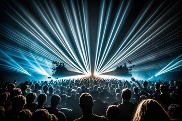 Fototapeta na wymiar Rock the Night Away: Crowds Sit in Concert with Beams of Light - Generative AI