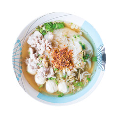Thai rice noodle soup with pork and pork ball in bowl