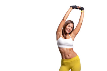 Shot of smiling young sporty Asian woman fitness model in white-top sportswear doing arms stretching. isolated on white background. Fitness and healthy lifestyle concept.