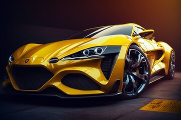 Cool yellow generic sports car in a dark studio background illustrated with generative AI
