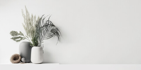 Home plant decoration one white background. Aesthetic decoration banner. Copy space for text. Generative AI