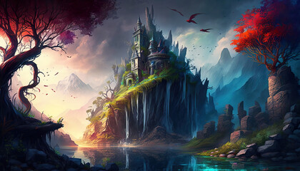 Vibrant Color Fantasy Game World Landscape Created with Generative AI Technology