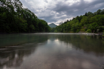 Belaya River canyon on the territory of the Caucasian Biosphere Reserve on the Guzeripl cordon on a sunny summer day with clouds, Guzeripl, Republic of Adygea, Russia