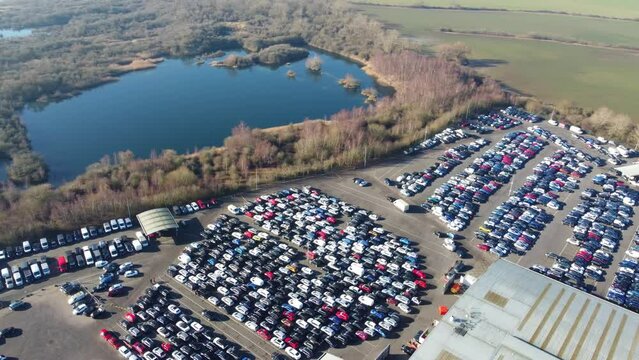 Aerial Footage of Huge Car Parking at Kempston Bedford Town of England UK. The Footage  Was Captured on 06-Feb-2023 with Drone's Camera