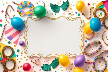 Carnival party background with revelry, masks, confetti and colorful streamers. Generative AI.