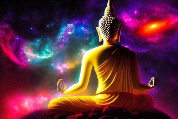 Backlit golden buddha looking at the colorful universe, created with Generative AI technology