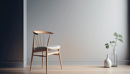 A Minimalist Chair in the Left Corner with Natural Lighting and a Clean Background in a Wide Negative Space Living Room made with Generative AI