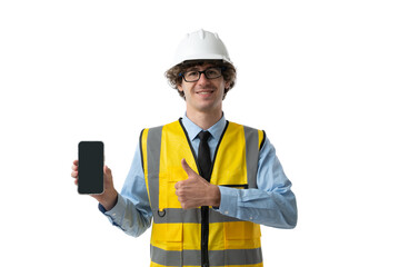 Happy male engineer in a helmet and uniform holding smartphone and showing thumb up gesture. isolated on white background.