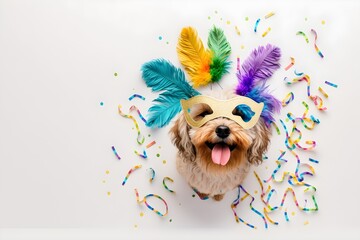 Cute dog celebrating birthday and carnival with mask, confetti and streamer. Generative AI.