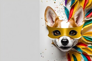 Cute dog celebrating birthday and carnival with mask, confetti and streamer. Generative AI.