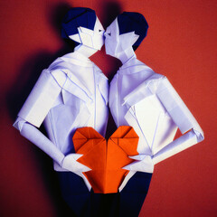 two origami men kissing holding a red paper heart on a red background created with generative ai