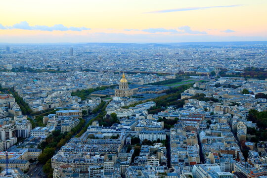 Invalides and french roofs from above at sunrise, Paris, France