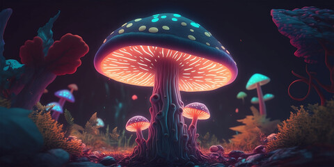 Funky Neon Colored Psychedelic Mushroom AI Generated