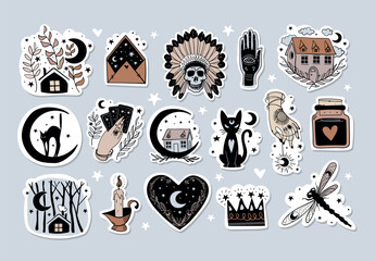 Obraz premium Set of mystical drawings for a witch, boho sticker, line tattoo, tarot symbols in vintage design. Moon with cat, forest house, heart, witch s hand. Vector sketch illustration.