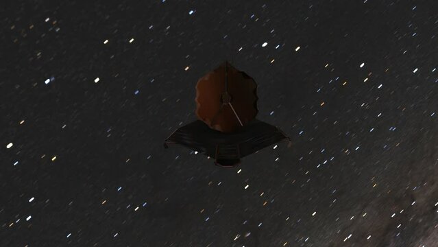 Timelapse James Webb Space Telescope JWST Moving Towards Camera with Fast Moving Milky Way Galaxy Stars Background - 3D CGI Animation 4K